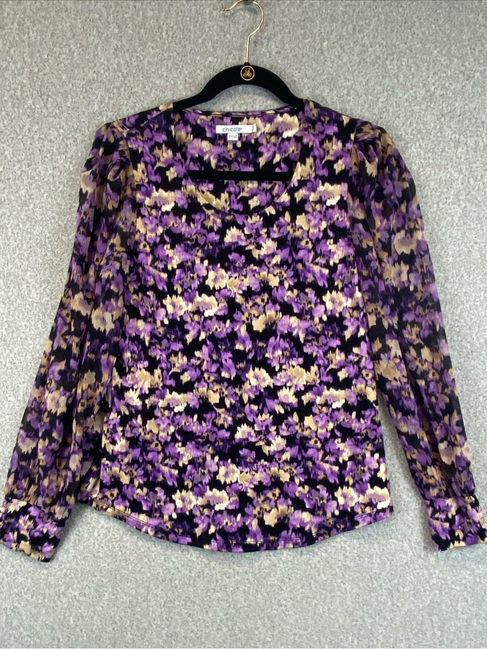 Chicos Sheer Sleeve Blouse Womens Size 0 (S) Colorful Knit Stretch Bodice